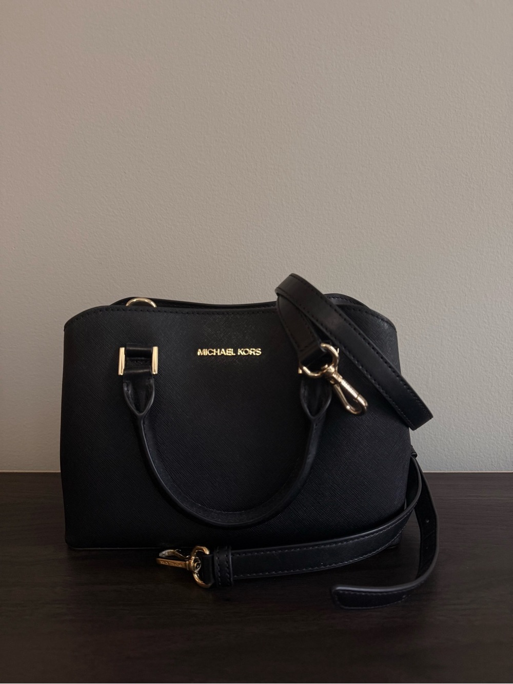 Michael Kors Black Saffiano Leather Satchel with Gold Hardware